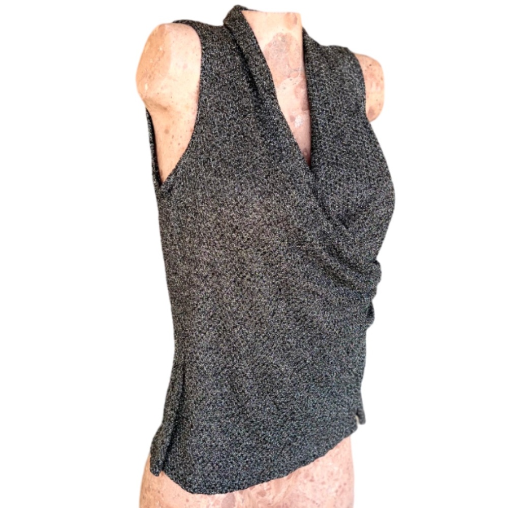 Metallic V-neck Faux Wrap Side Cinched Sleeveless Top - Picture 4 of 6